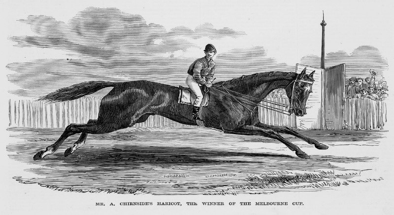 Etching of the day showing Haricot cruising past the winning post Haricot cruising past the winning post