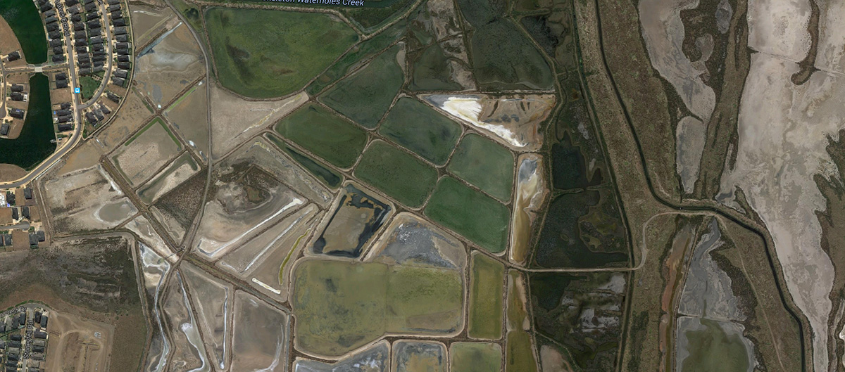 2014 Satellite Photo: Cheetham Wetlands showing the remanent salt pans: Sanctuary Lake’s overflow weir is on the left edge aerial wetland